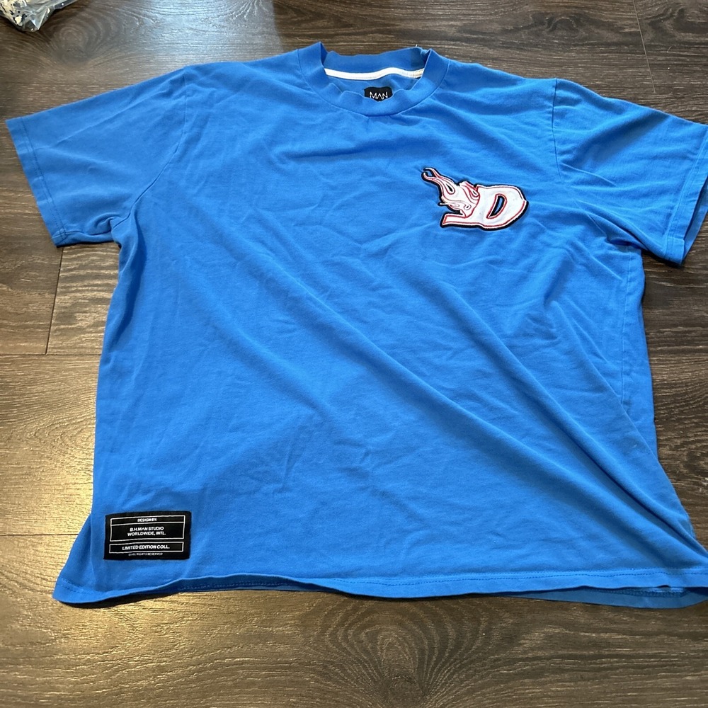 Dababy X Boohoo Man D With Flame Patch Blue Shirt 3XL XXXL Vintage Style Y2K